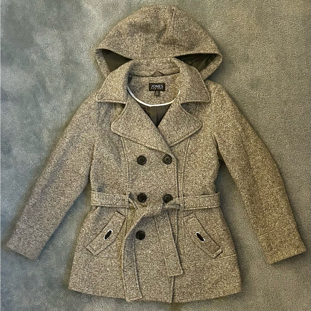 Jones New York Heathered Hooded Pea Coat - Small - Gray